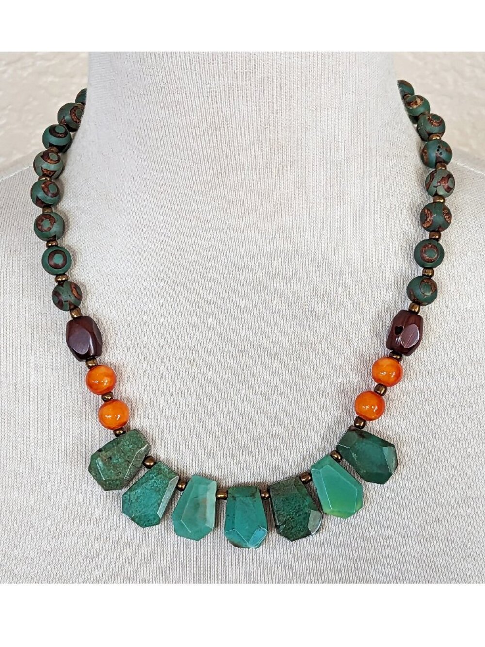 Southwestern Teal Green Chrysoprase & Burnt Orange Agate Statement Bib Necklace